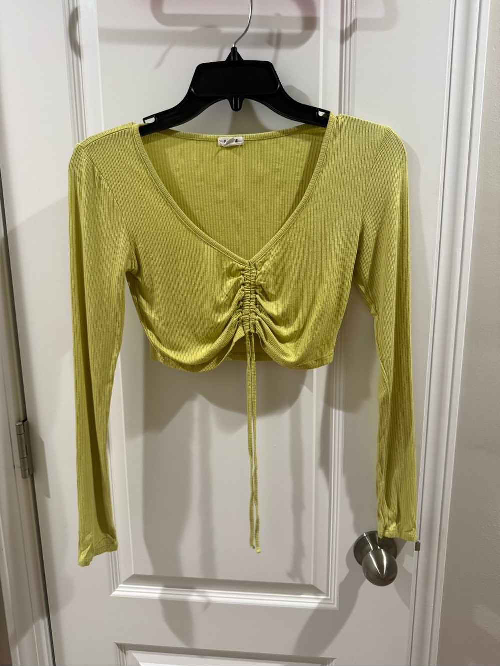 Garage Lime Green Ribbed Ruched V-Neck Long Sleeve Crop Top
